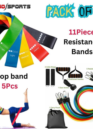 11 Piece Exercise Resistance Bands and 5pcs Loop Band (Pack of 2)