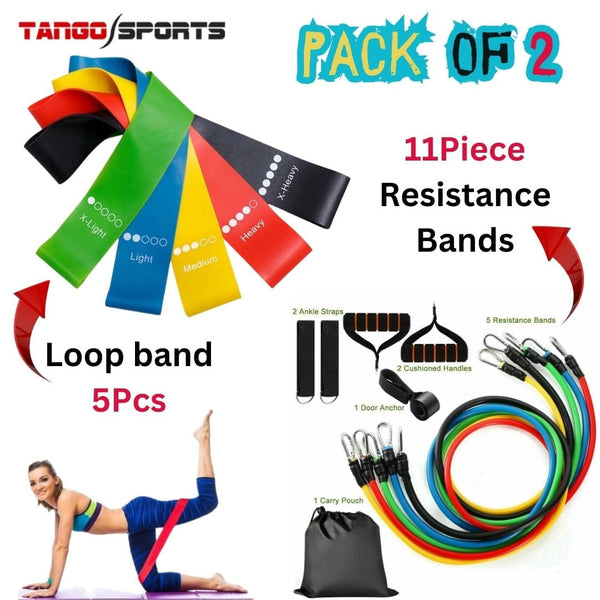 11 Piece Exercise Resistance Bands and 5pcs Loop Band (Pack of 2)