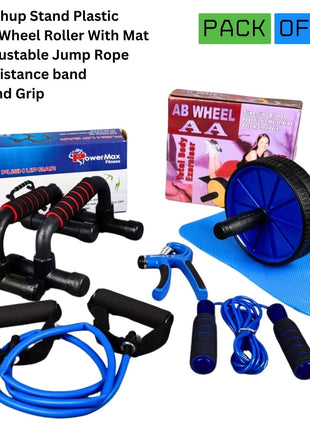 1 AB Set Pushup Stand Plastic, Ab Wheel With Mat, Single Resistance Band, Jump Rope and Hand Grip ( Pack Of 5 )