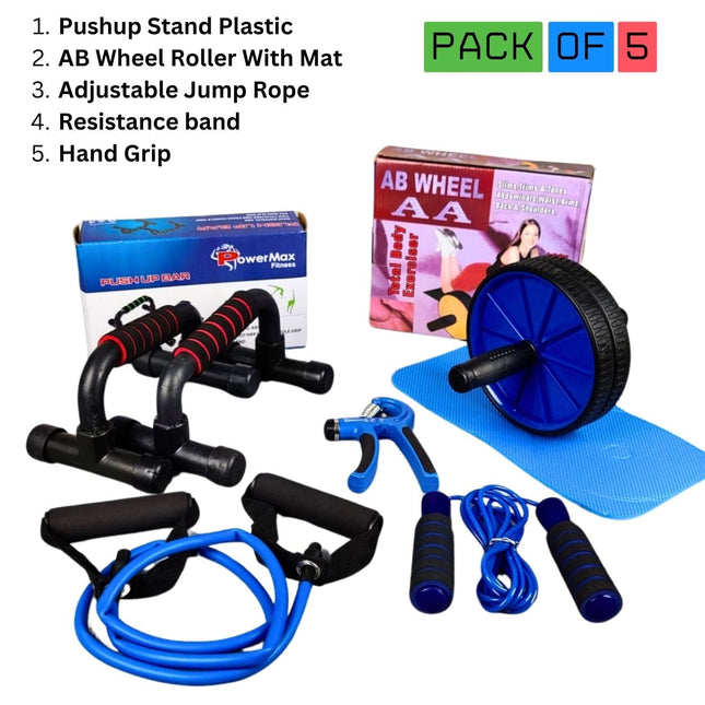 1 AB Set Pushup Stand Plastic, Ab Wheel With Mat, Single Resistance Band, Jump Rope and Hand Grip ( Pack Of 5 )