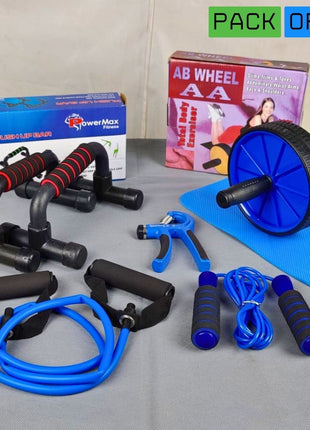 1 AB Set Pushup Stand Plastic, Ab Wheel With Mat, Single Resistance Band, Jump Rope and Hand Grip ( Pack Of 5 )