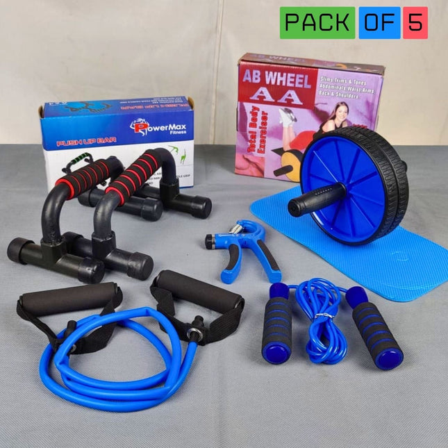 1 AB Set Pushup Stand Plastic, Ab Wheel With Mat, Single Resistance Band, Jump Rope and Hand Grip ( Pack Of 5 )