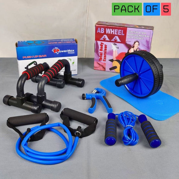 1 AB Set Pushup Stand Plastic, Ab Wheel With Mat, Single Resistance Band, Jump Rope and Hand Grip ( Pack Of 5 )