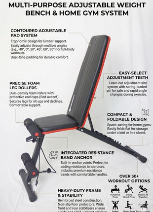 Apex Adjustable Home Gym Bench with Resistance Bands - Black