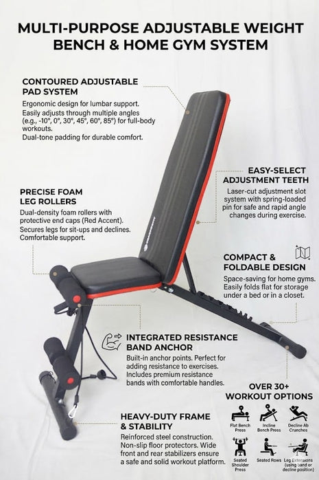 Apex Adjustable Home Gym Bench with Resistance Bands - Black