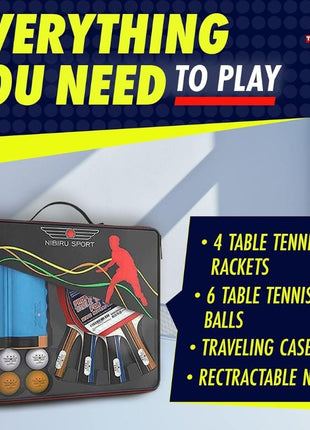 NIBIRU SPORT Professional Ping Pong Paddle Set – 2 or 4 Player Table Tennis Kit with Retractable Net, Balls, and Carry Bag