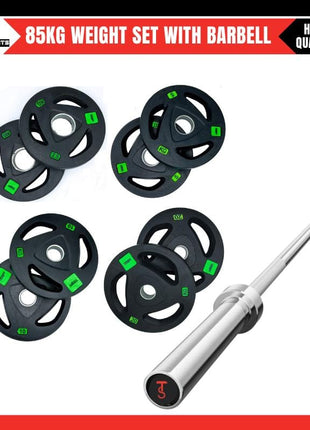 Rubber Weight Plates 85KG Pack with 6FT Olympic Barbell Rod – 2 Inch Plates | Tango Sports