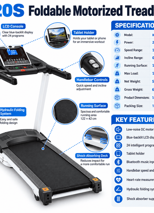 Oxygen Fitness K60S Foldable Motorized Treadmill – 2.5HP | Auto Incline | 135KG Capacity