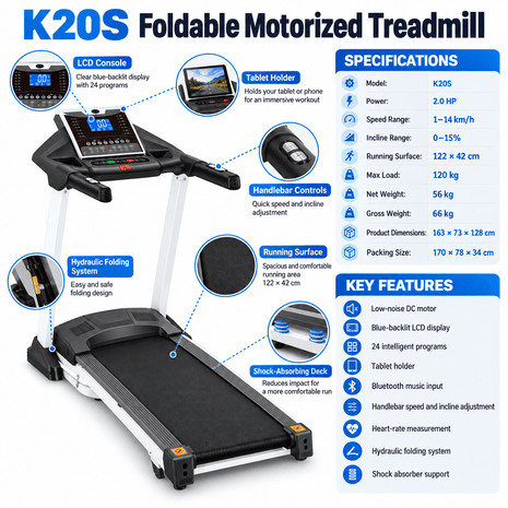 Oxygen Fitness K60S Foldable Motorized Treadmill – 2.5HP | Auto Incline | 135KG Capacity