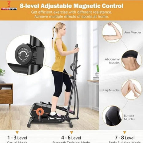 Magnetic Elliptical Cross Trainer | 8 Level Resistance | LCD Monitor Pulse Calories | Full Body Low Impact Workout | Home Gym Exercise Machine | Tango Sports & Fitness