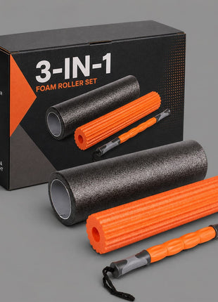 Yoga Roller Fitness Foam Roller 3-in-1 Set | Deep Tissue Massage Roller with Stick | Back & Leg Pain Relief | Pilates, Yoga & Core Training