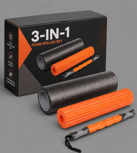 Yoga Roller Fitness Foam Roller 3-in-1 Set | Deep Tissue Massage Roller with Stick | Back & Leg Pain Relief | Pilates, Yoga & Core Training