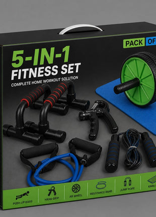 1 AB Set Pushup Stand Plastic, Ab Wheel With Mat, Single Resistance Band, Jump Rope and Hand Grip ( Pack Of 5 )