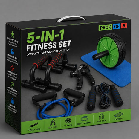 1 AB Set Pushup Stand Plastic, Ab Wheel With Mat, Single Resistance Band, Jump Rope and Hand Grip ( Pack Of 5 )