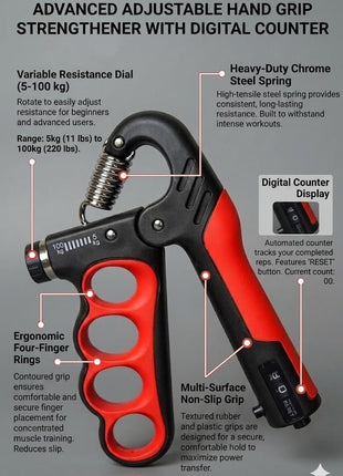 Hand Grip Strengthener - 5-100KG Adjustable Hand Exerciser Grip Strength Trainer With Counter