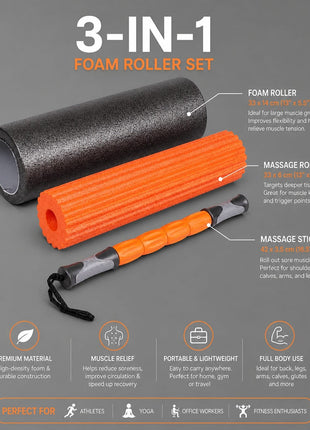 Yoga Roller Fitness Foam Roller 3-in-1 Set | Deep Tissue Massage Roller with Stick | Back & Leg Pain Relief | Pilates, Yoga & Core Training