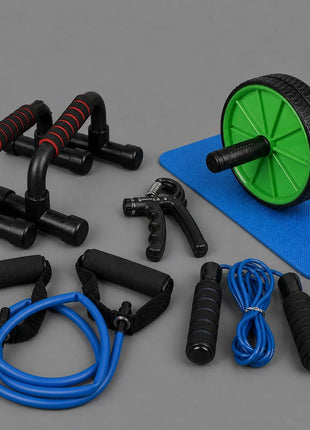 1 AB Set Pushup Stand Plastic, Ab Wheel With Mat, Single Resistance Band, Jump Rope and Hand Grip ( Pack Of 5 )