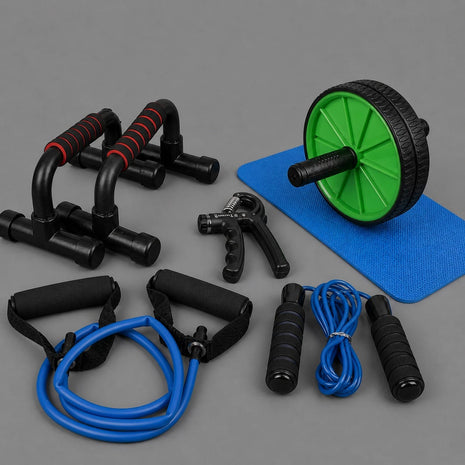 1 AB Set Pushup Stand Plastic, Ab Wheel With Mat, Single Resistance Band, Jump Rope and Hand Grip ( Pack Of 5 )