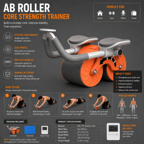 Abdominal Wheel Roller With Elbow Support - Automatic Rebound