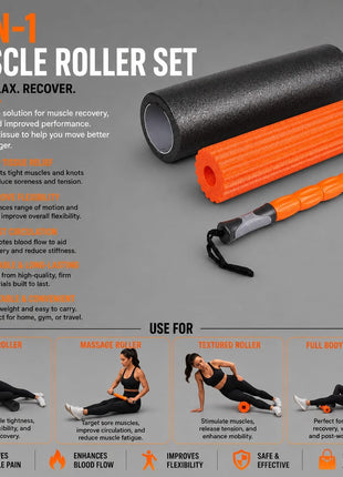 Yoga Roller Fitness Foam Roller 3-in-1 Set | Deep Tissue Massage Roller with Stick | Back & Leg Pain Relief | Pilates, Yoga & Core Training