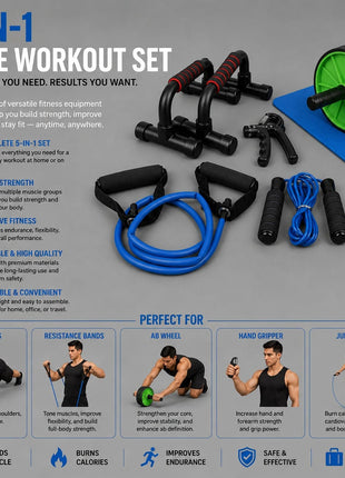 1 AB Set Pushup Stand Plastic, Ab Wheel With Mat, Single Resistance Band, Jump Rope and Hand Grip ( Pack Of 5 )