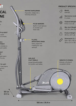 Doufit Elliptical Machine for Home Use, Adjustable Magnetic Elliptical Cross Trainer with LCD Monitor and Pulse Sensors