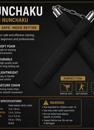 Foam Padded Nunchaku Training Stick with Chain – Martial Arts Practice Nunchucks