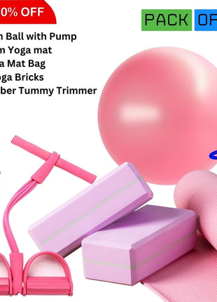 Pack of 5 - Yoga mat bag, 4mm Yoga Mat, Rubber Tummy Trimmer , 2 Yoga Bricks Block and 100cm Yoga Gym Ball