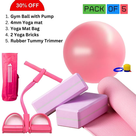 Pack of 5 - Yoga mat bag, 4mm Yoga Mat, Rubber Tummy Trimmer , 2 Yoga Bricks Block and 100cm Yoga Gym Ball