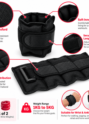 Ankle & Wrist Weight 1KG to 5KG - Black (Pack of 2 )