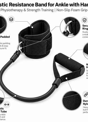 Elastic Resistance Band for Ankle with Handle | Physiotherapy & Strength Training | Non-Slip Foam Grip