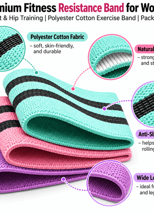 Premium Fitness Resistance Band for Women – Waist & Hip Training | Polyester Cotton Exercise Band | Pack of 3