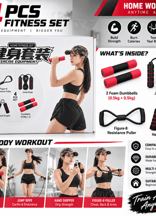 4 Piece Home Fitness Set | Dumbbells, Jump Rope & Hand Gripper