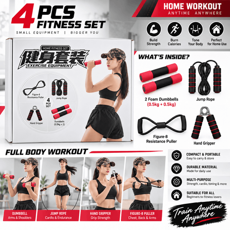 4 Piece Home Fitness Set | Dumbbells, Jump Rope & Hand Gripper