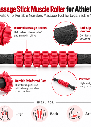 Massage Stick Muscle Roller for Athletes | Anti-Slip Grip, Portable Noiseless Massage Tool for Legs, Back & Arms