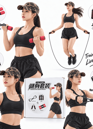 4 Piece Home Fitness Set | Dumbbells, Jump Rope & Hand Gripper