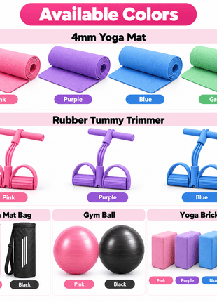 Pack of 5 - Yoga mat bag, 4mm Yoga Mat, Rubber Tummy Trimmer , 2 Yoga Bricks Block and 100cm Yoga Gym Ball