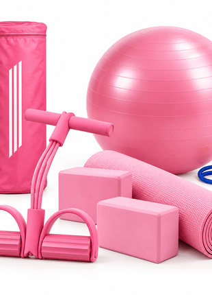 Pack of 5 - Yoga mat bag, 4mm Yoga Mat, Rubber Tummy Trimmer , 2 Yoga Bricks Block and 100cm Yoga Gym Ball