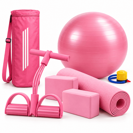 Pack of 5 - Yoga mat bag, 4mm Yoga Mat, Rubber Tummy Trimmer , 2 Yoga Bricks Block and 100cm Yoga Gym Ball