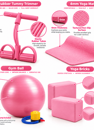 Pack of 5 - Yoga mat bag, 4mm Yoga Mat, Rubber Tummy Trimmer , 2 Yoga Bricks Block and 100cm Yoga Gym Ball