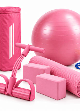 Pack of 5 - Yoga mat bag, 4mm Yoga Mat, Rubber Tummy Trimmer , 2 Yoga Bricks Block and 100cm Yoga Gym Ball