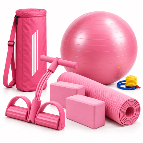 Pack of 5 - Yoga mat bag, 4mm Yoga Mat, Rubber Tummy Trimmer , 2 Yoga Bricks Block and 100cm Yoga Gym Ball