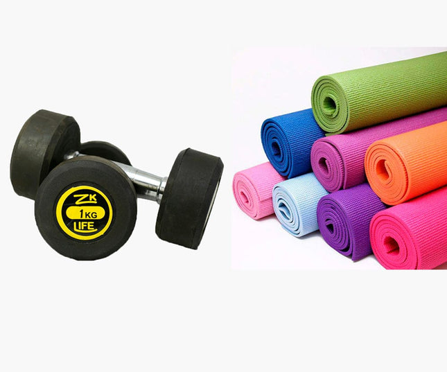 1KG Dummbells with 4mm thick Yoga Mat - Pack of 2 Tango Sports