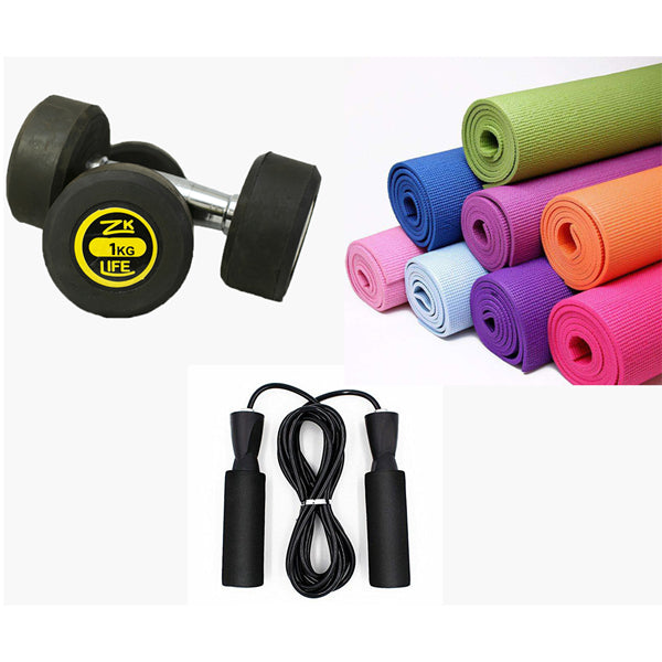 1kg Rubber Dumbbell with 4mm Yoga Mat and Jump Rope Tango Sports