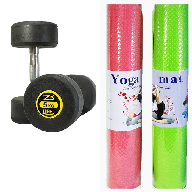 5kg Rubber Dumbbell with 4mm Yoga Mat and Jump Rope Tango Sports